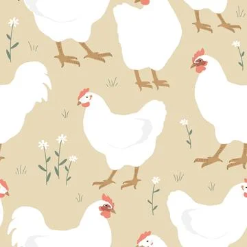 Seamless spring pattern with white chickens and flowers. Vector graphic Stock Illustration