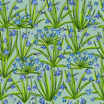 Seamless spring primroses pattern. Scilla flower or blue copse. Drawn in pastel Stock Illustration