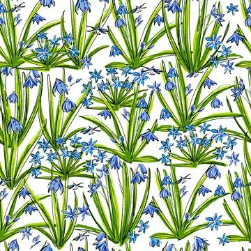 Seamless spring primroses pattern. Scilla flower or blue copse. Drawn in pastel Stock Illustration