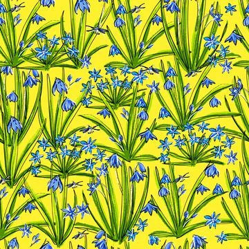 Seamless spring primroses pattern. Scilla flower or blue copse. Drawn in pastel Stock Illustration