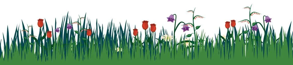 Seamless spring summer grass horizontal border with meadow plants silhouette Stock Illustration
