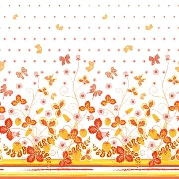 Seamless spring white floral pattern with orange strawberries and flowers and 스톡 일러스트