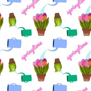 Seamless Springtime Pattern with Flowers and Watering Cans Stock Illustration