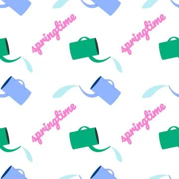 Seamless Springtime Pattern with Watering Cans and Text Stock Illustration