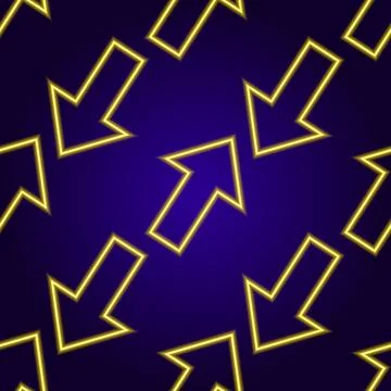 A seamless square format pattern of neon yellow line arrows on a dark blue Stock Illustration