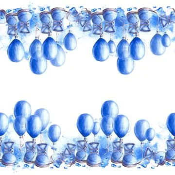 Seamless square frame with Blue Air ballon, baby shoes, booties.Hand drawn Illustrazione stock
