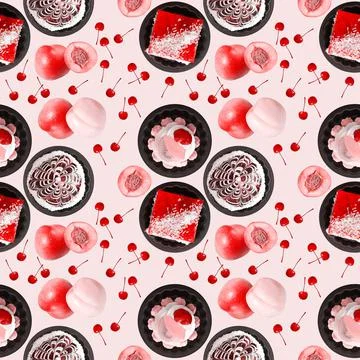 Seamless square pattern with cakes and fruits in pink tones Stock Photos