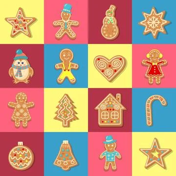 Seamless square pattern with Christmas gingerbread cookies. Geometric check.. Stock Illustration