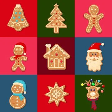Seamless square pattern with Christmas gingerbread cookies. Geometric check.. Stock Illustration