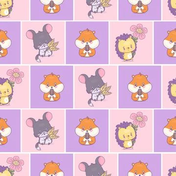 Seamless square pattern with cute rodent. Funny cartoon character chinchill.. Stock Illustration