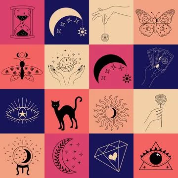 Seamless square pattern with linear esoteric magic symbols. Geometric check.. Stock Illustration