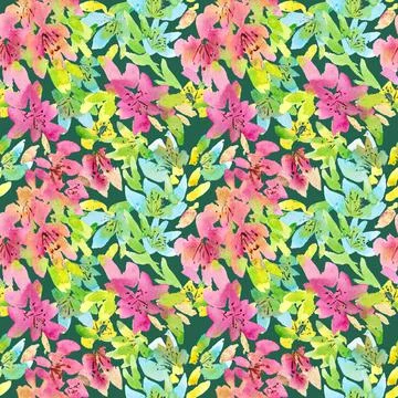 Seamless square pattern of pink abstract flowers on a green background. Stock Illustration
