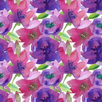 Seamless square pattern of pink and purple flowers on a white background. Stock Illustration