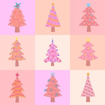 Seamless square pattern with pink Christmas trees of different shapes. Geom.. 스톡 일러스트