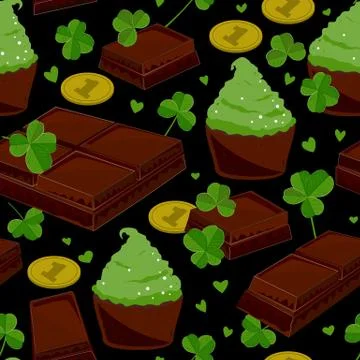 Seamless St. Patrick's day background with clover leaves chocolate bars, gree Stock Illustration