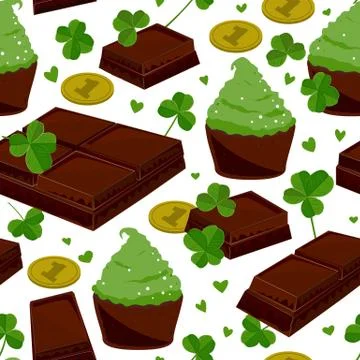 Seamless St. Patrick's day background with clover leaves chocolate bars, gree Stock Illustration