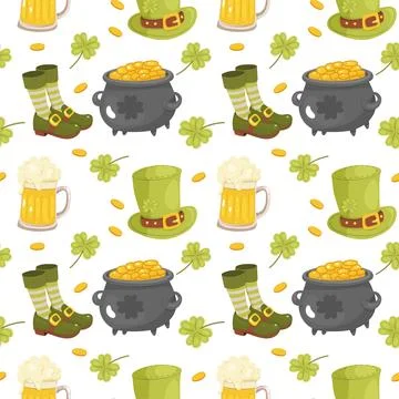 Seamless St. Patricks pattern. Beer, hat, shoes and striped gaiters. On bac.. Stock Illustration