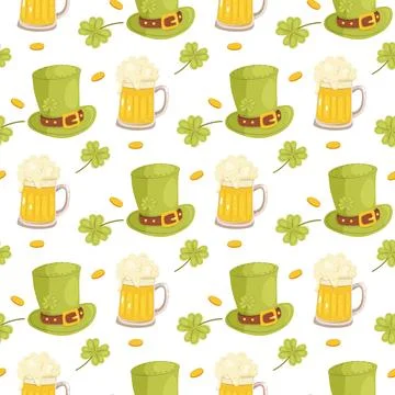 Seamless St. Patricks pattern. Beer, hat, shoes and striped gaiters. On bac.. Stock Illustration