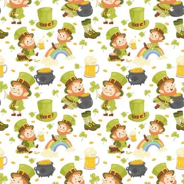 Seamless St. Patricks pattern. Cute leprechauns. For background, wrapping p.. Stock Illustration
