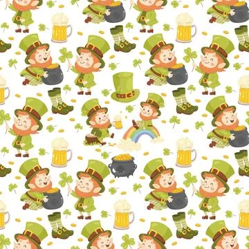Seamless St. Patricks pattern. Cute leprechauns. For background, wrapping p.. Stock Illustration
