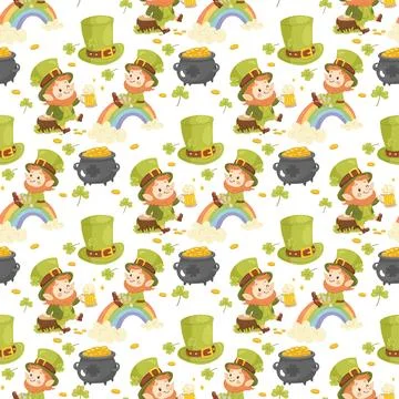 Seamless St. Patricks pattern. Cute leprechauns. For background, wrapping p.. Stock Illustration
