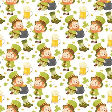 Seamless St. Patricks pattern. Cute leprechauns. For background, wrapping p.. Stock Illustration