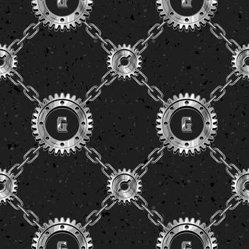 Seamless staggered geometric pattern with diagonal grid with silver steel gea Stock Illustration