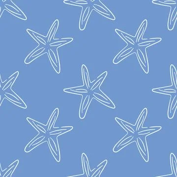 Seamless starfish pattern in line art style on a blue background. Ideal for Stock Illustration