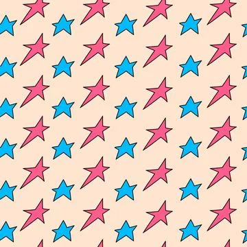 Seamless stars pattern in doodle style. Pink and blue shapes. Vector Stock Illustration