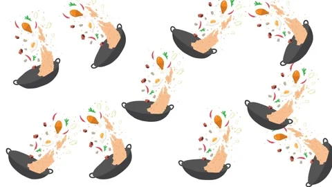 Seamless Stir Fry Cooking Pattern with Wok Pan Rice and Chicken on White Stock Footage 345539047