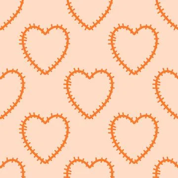 Seamless stitched heart pattern in warm orange Stock Illustration