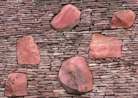 Seamless stone masonry using rectangular stones, red and gray shades Stock Photos