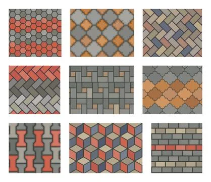 Seamless stone tiles pavement vector set. landscape design elements Stock Illustration