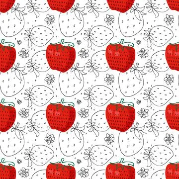 Seamless Strawberry pattern. Hand drawn sketch doodle and flat illustration with Stock Illustration
