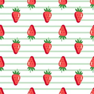 Seamless strawberry pattern on striped background in cute hand drawn style Illustrazione stock