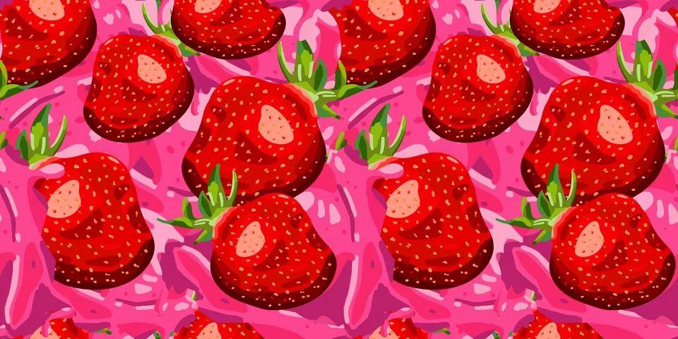Seamless strawberry pattern: sweet fruit in yogurt or ice cream background... Stock Illustration