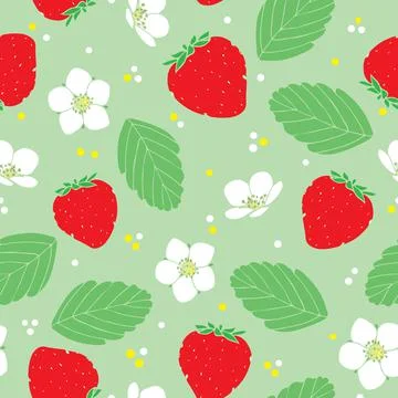 Seamless strawberry vector pattern on green background Stock Illustration