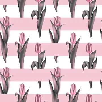 Seamless stried pattern with pink tulips Stockillustratie