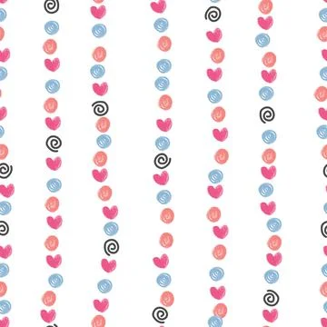 Seamless stripe pattern background with cute heart and dot chalk colour , kid Stock Illustration