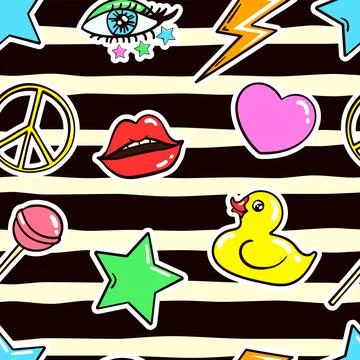 Seamless striped pattern 70s, 80s style set. Cartoon colorful funny retro Stock Illustration