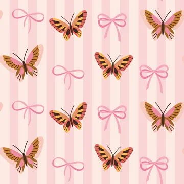 Seamless striped pattern with butterflies and bows Stock Illustration