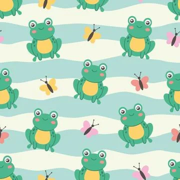 Seamless striped pattern with cute frogs and butterflies Stock Illustration