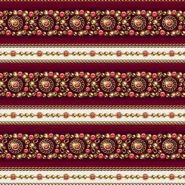 Seamless striped pattern with jewelry elements, gold beads, chains, red gems Stock Illustration