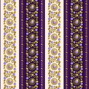 Seamless striped pattern with jewelry elements, gold beads, chains, purple ge 스톡 일러스트