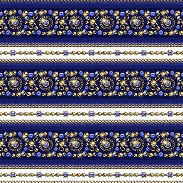 Seamless striped pattern with jewelry elements, gold beads, chains, blue gems 스톡 일러스트
