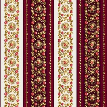 Seamless striped pattern with jewelry elements, gold beads, chains, red gems Illustrazione stock
