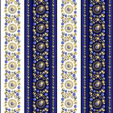 Seamless striped pattern with jewelry elements, gold beads, chains, blue gems Illustrazione stock