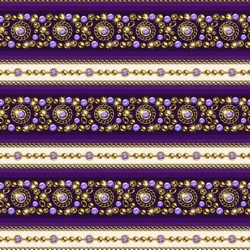 Seamless striped pattern with jewelry elements, gold beads, chains, purple ge 스톡 일러스트
