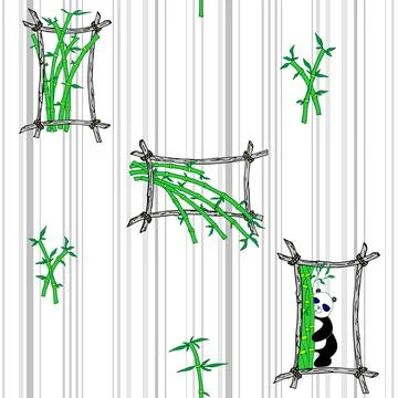 Seamless striped pattern with squares, bamboo and panda, light template for p Stockillustratie