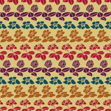 Seamless striped vector pattern with rows of colorful rose flowers Stock Illustration